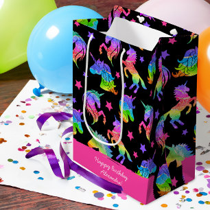 Bolsa De Regalo Mediana Arcoiris unicornio purpurina con nombre cumpleaños