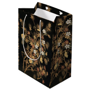 Bolsa De Regalo Mediana Arte Floral de Otoño Vintage Japonés Negro Dorado