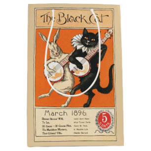 Bolsa De Regalo Mediana Arte Retro Naranja Gato Negro Conejo Blanco Banjo