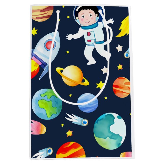 Bolsa De Regalo Mediana Astronauta en el patrón de planetas y cohetes del  (Anverso)