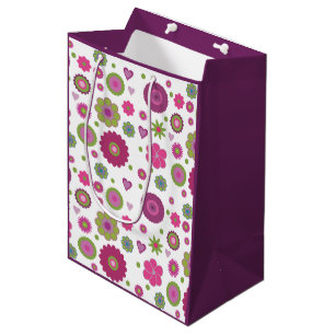 Bolsa De Regalo Mediana Atractivo patrón de flores púrpura y verde sobre b