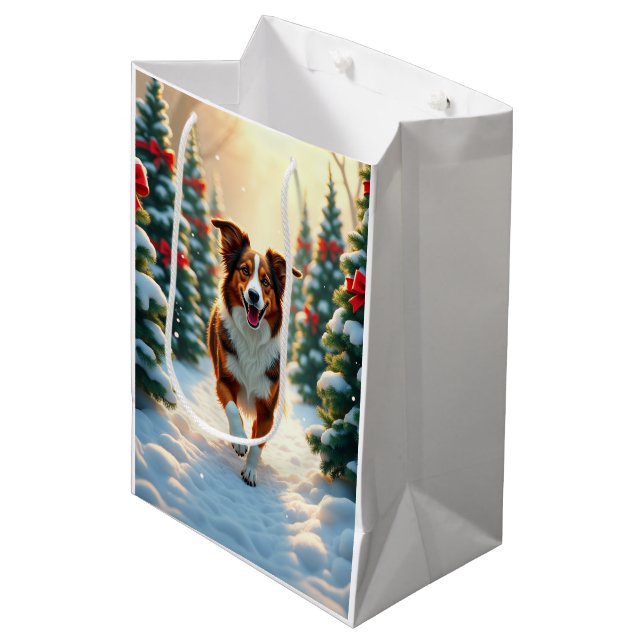 Bolsa De Regalo Mediana Australian Shepherd Christmas Tree Farm Painting (Angulo Anverso)