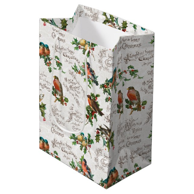 Bolsa De Regalo Mediana Aves de época, saludos de Holly y Navidad (Angulo Anverso)