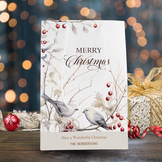 Bolsa De Regalo Mediana Aves de Invierno Rojas Berries Feliz Navidad (Winter red berries birds Merry Christmas Card)