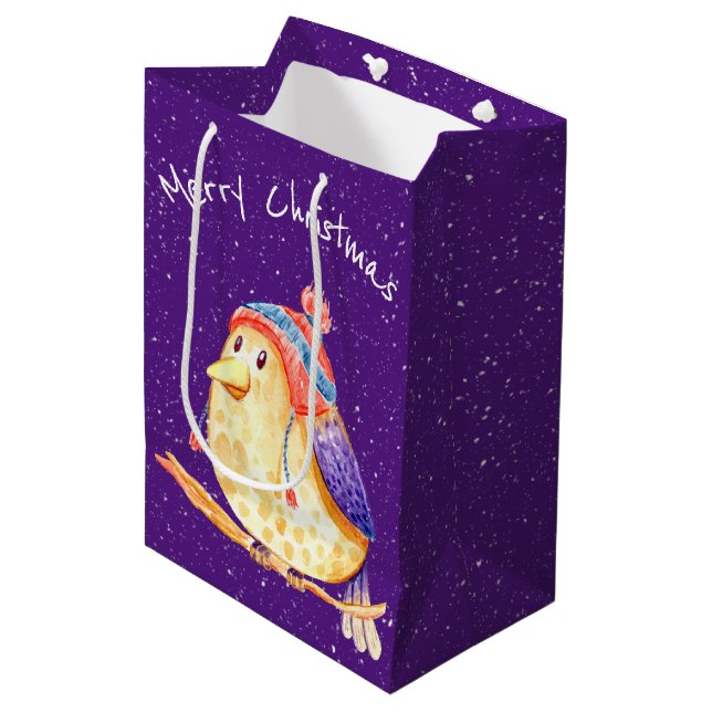 Bolsa De Regalo Mediana Aves navidades en copos de nieve en morado (Angulo Anverso)