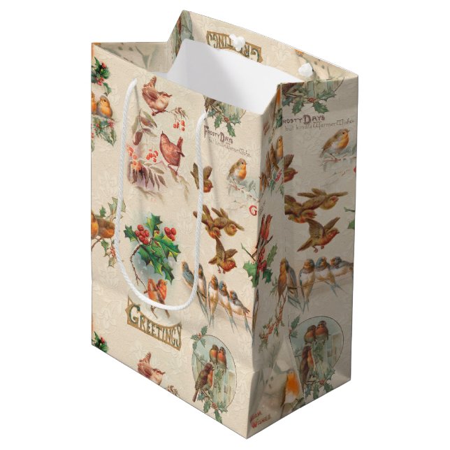 Bolsa De Regalo Mediana Aves navideñas antiguas y alegres (Angulo Anverso)
