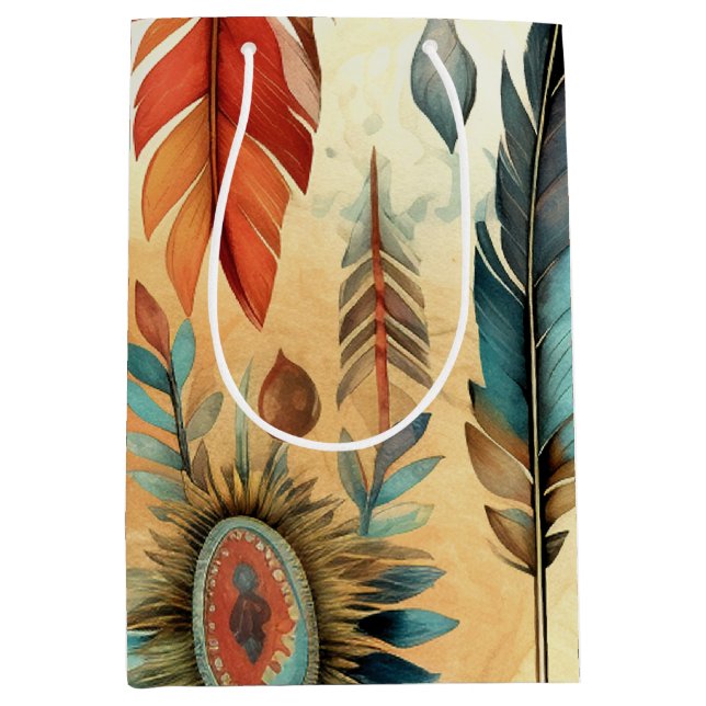 Bolsa De Regalo Mediana Aztec Boho Tribal Blue Fethers (Anverso)