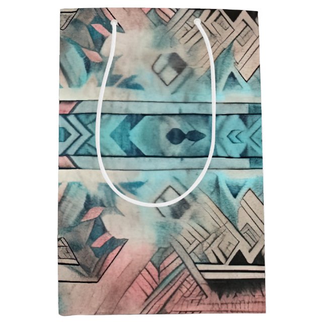 Bolsa De Regalo Mediana Azteca Pastel Sudoeste Rosa Y Azul (Anverso)
