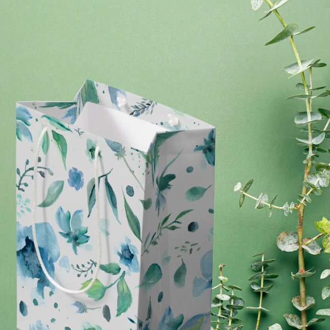 Bolsa De Regalo Mediana Azul acuarela sobre flor gris claro (Subido por el creador)