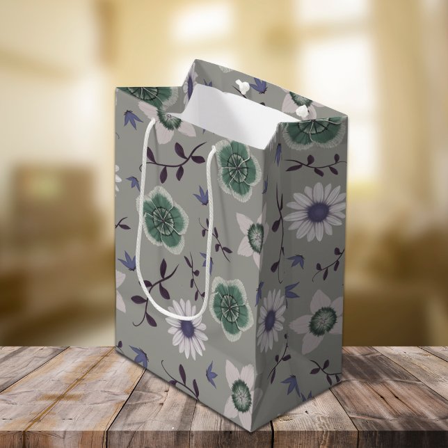 Bolsa De Regalo Mediana Azul gris y verde moderno Flor silvestre Botánica (Subido por el creador)