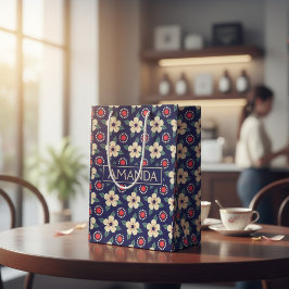 Bolsa De Regalo Mediana Azul marino personalizado con flores de crema bols