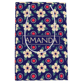 Bolsa De Regalo Mediana Azul marino personalizado con flores de crema bols