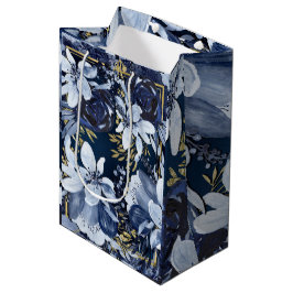 Bolsa De Regalo Mediana Azul Marino y Dorado Floral Acuarela Moderno Elega