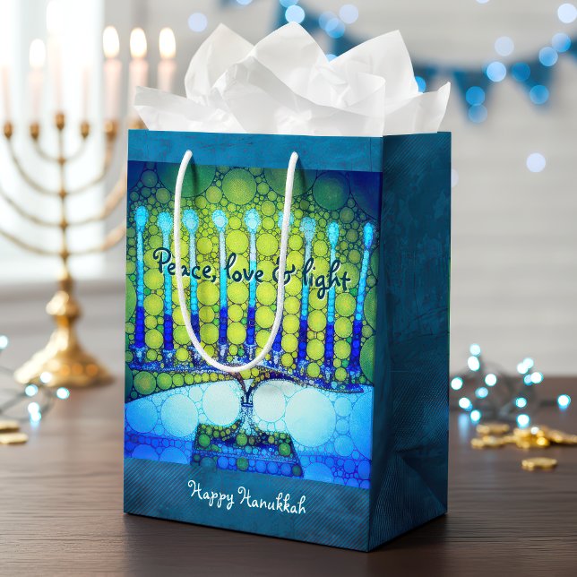 Bolsa De Regalo Mediana Azul verde Hanukkah Menorah Paz Luz de Amor (Subido por el creador)