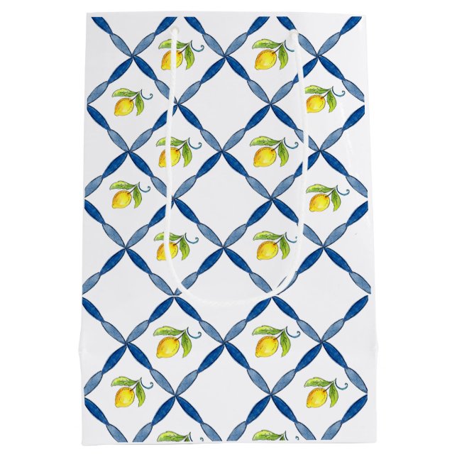Bolsa De Regalo Mediana Azulejos azules y blancos con lémones (Reverso)
