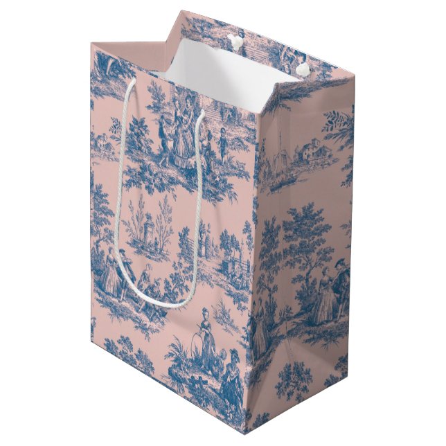 Bolsa De Regalo Mediana Azulejos de jouy azul y rosa elegante (Angulo Anverso)