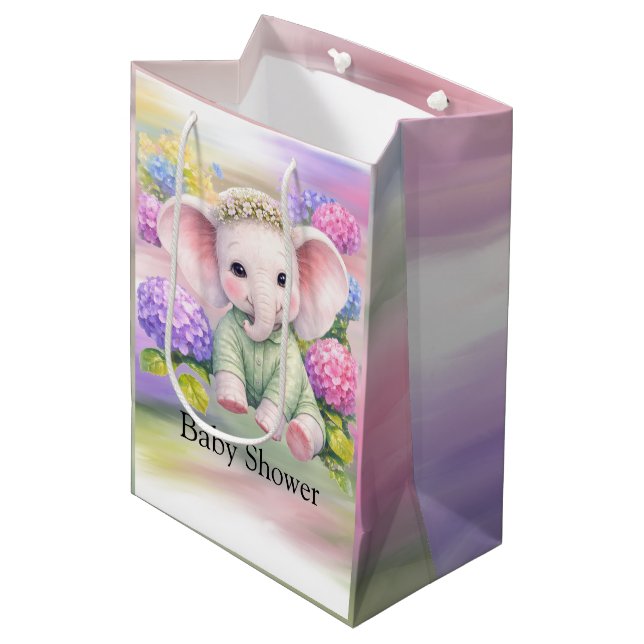 Bolsa De Regalo Mediana Baby Elephant with Hydrangeas Baby Shower  (Angulo Anverso)