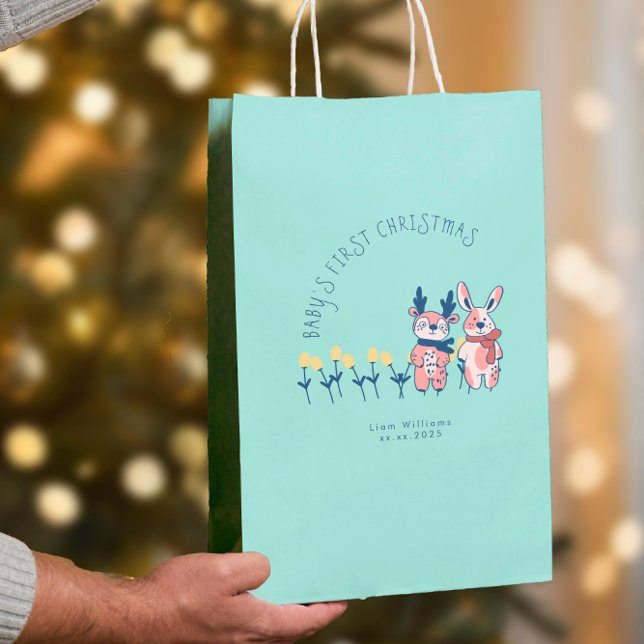 Bolsa De Regalo Mediana Baby’s First Christmas cute Reindeer Friends (Subido por el creador)