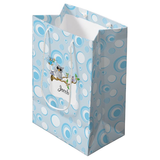 Bolsa De Regalo Mediana Baby Shower Blue Baby Owl (Angulo Anverso)