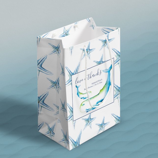 Bolsa De Regalo Mediana Baby Shower de ballena azul y pez estrella (Gift Bag Blue Whale and Starfish Baby Shower Medium )