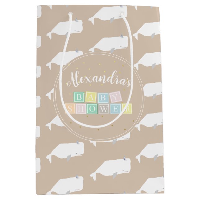Bolsa De Regalo Mediana Baby Shower de ballena blanca suave beige neutral (Anverso)