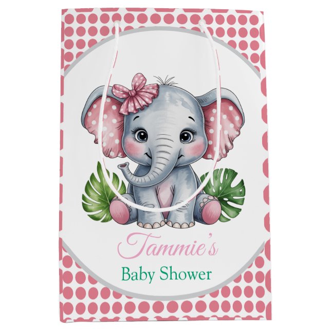 Bolsa De Regalo Mediana Baby Shower de elefante cúbico de pelo rosado (Anverso)