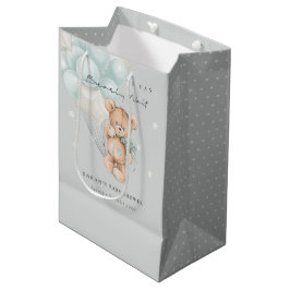 Bolsa De Regalo Mediana Baby Shower de globo Bear Bear Wait Bear gris azul