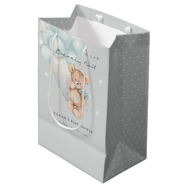 Bolsa De Regalo Mediana Baby Shower de globo Bear Bear Wait Bear gris azul (Angulo Anverso)
