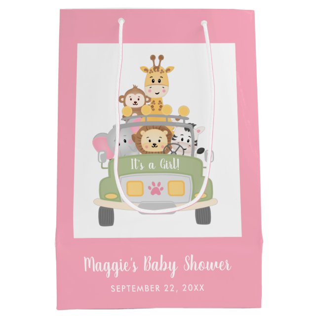 Bolsa De Regalo Mediana Baby Shower Es un Chica Safari Rosa Gracias (Reverso)