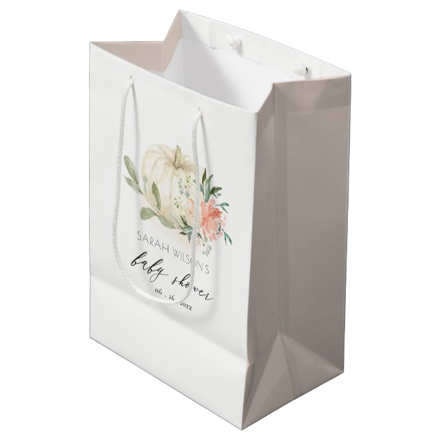 Bolsa De Regalo Mediana Baby Shower floral elegante de la calabaza blanca  (Angulo Anverso)