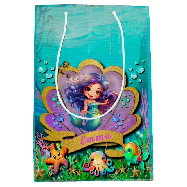 Bolsa De Regalo Mediana Bajo el mar y la sirena Fiesta Chica de cumpleaños (Anverso)