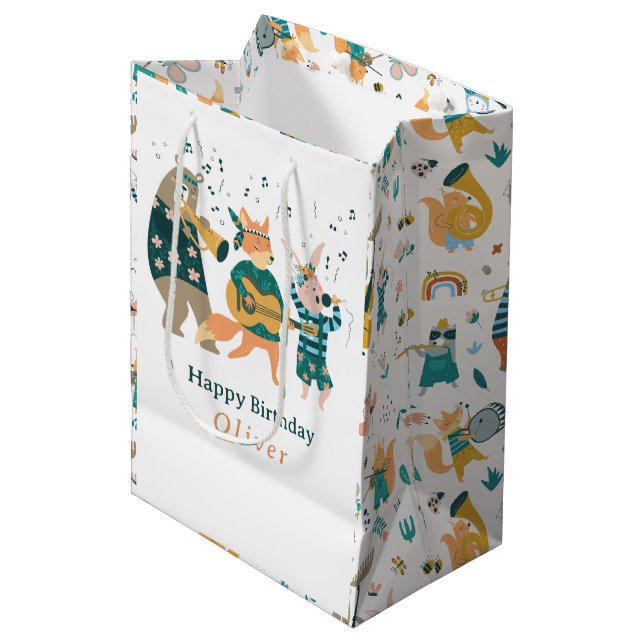 Bolsa De Regalo Mediana Banda De Animales Cutos Cumpleaños (Angulo Anverso)