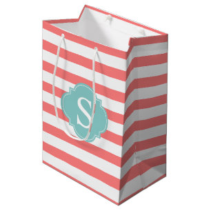 Bolsa De Regalo Mediana Bandas de coral y de menta monogramadas