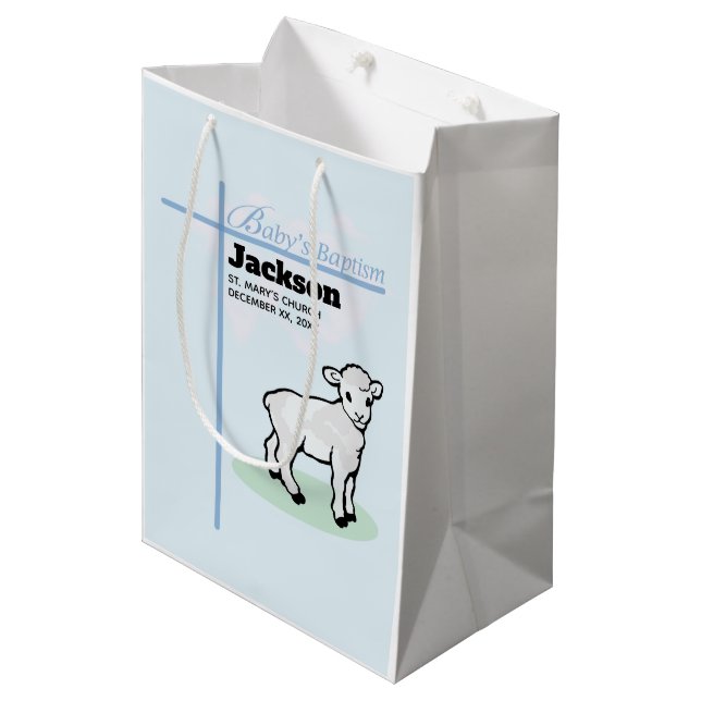 Bolsa De Regalo Mediana Baptism Blue Boy Lamb, Personalizable (Angulo Anverso)