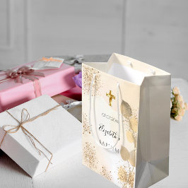 Bolsa De Regalo Mediana Baptismo eucalipto purpurina monograma dorado