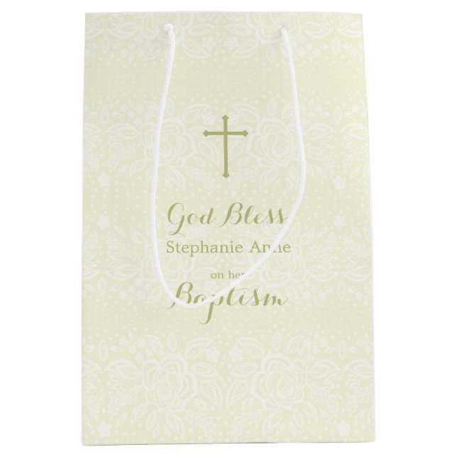 Bolsa De Regalo Mediana Baptismo Sage Delicada Lace Floral (Anverso)