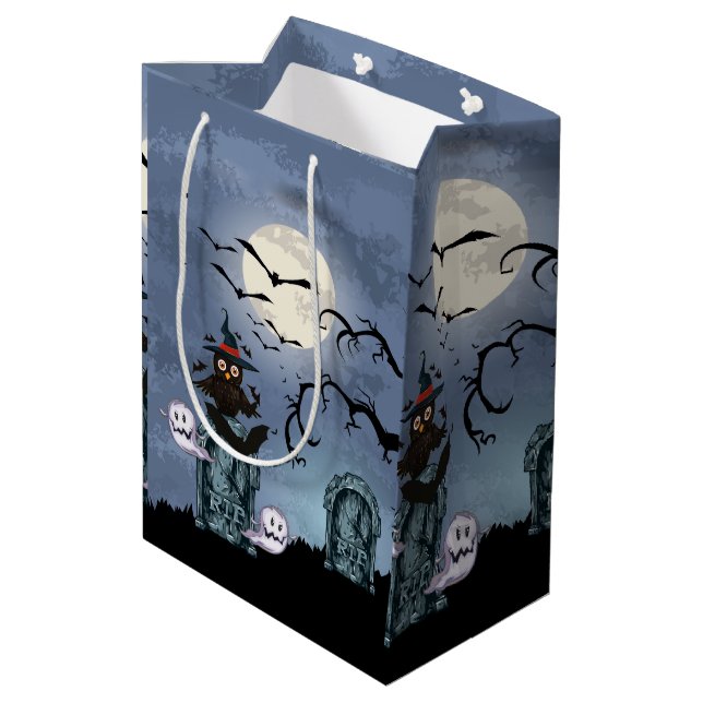 Bolsa De Regalo Mediana Bats De Lechuza Negra Y Fantasma Ilustracion Hallo (Angulo reverso)
