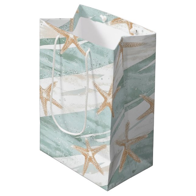 Bolsa De Regalo Mediana Beach Aqua Mint Starfish Stripes Bridal Shower (Angulo Anverso)