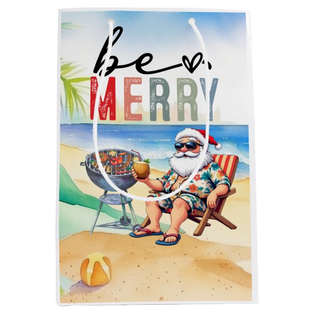 Bolsa De Regalo Mediana Beach Christmas with Surfer Santa Barbecue  (Anverso)