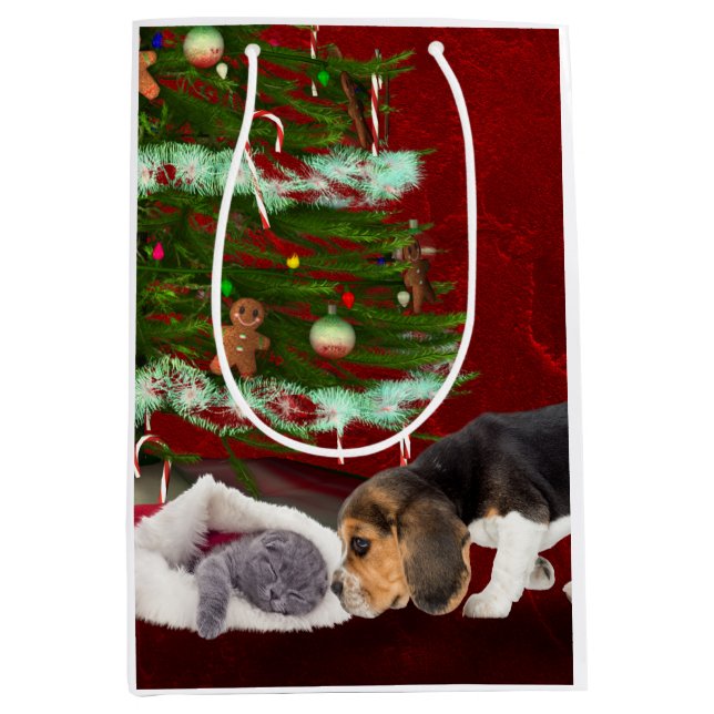 Bolsa De Regalo Mediana Beagle y navidad travieso del gatito (Anverso)