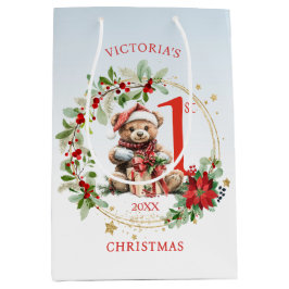 Bolsa De Regalo Mediana Bear Poinsettia Foliage la primera Navidad del beb