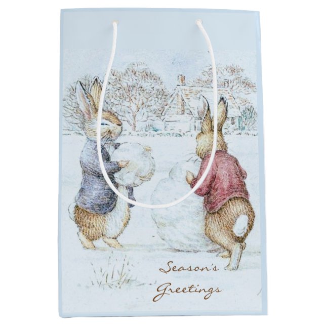 Bolsa De Regalo Mediana Beatrix Potter Snowman y Bunnies Holiday (Anverso)