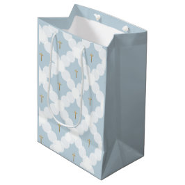 Bolsa De Regalo Mediana Bebé Baptismo Patrón de oro cruzado blanco azul