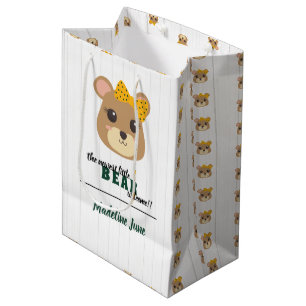 Bolsa De Regalo Mediana Bebé con oso verde y oro