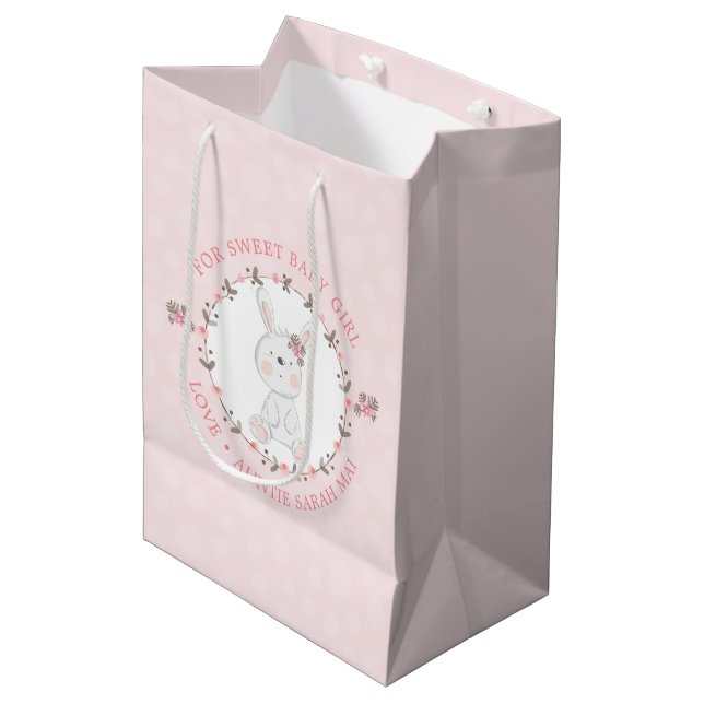 Bolsa De Regalo Mediana Bebé rosa lindo conejo floral Wreath personalizado (Angulo Anverso)