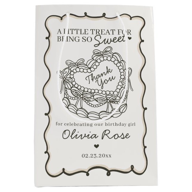 Bolsa De Regalo Mediana Beige Bow Retro Heart Coquette Cake Cumpleaños (Anverso)