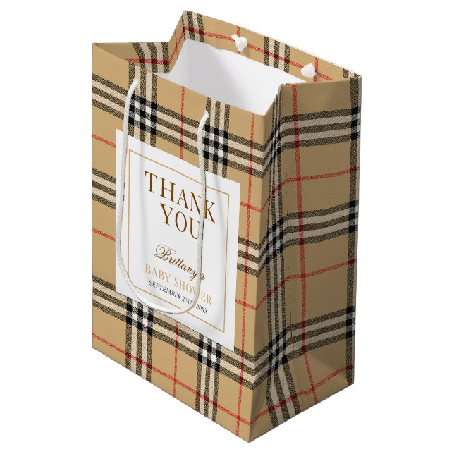 Bolsa De Regalo Mediana Beige Check Plaid Baby Shower (Angulo Anverso)