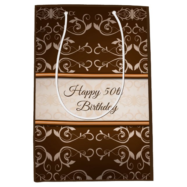 Bolsa De Regalo Mediana Beige Damask Rosa Bandas de oro (Anverso)