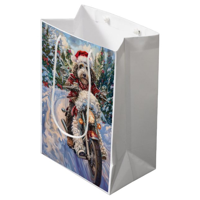 Bolsa De Regalo Mediana Bernedoodle Dog Riding Motorcycle Christmas (Angulo Anverso)