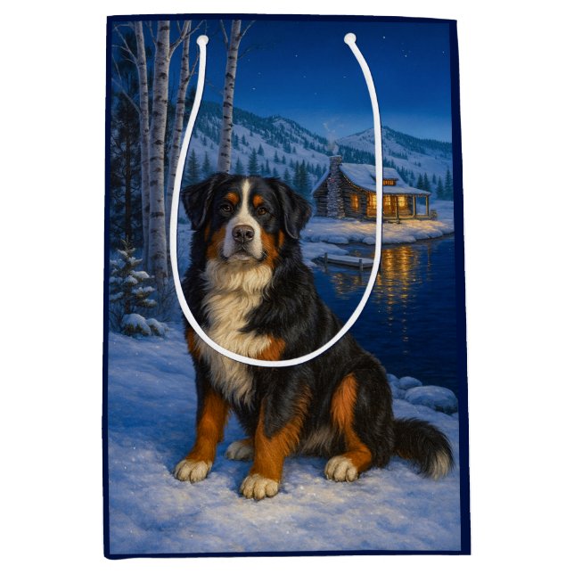 Bolsa De Regalo Mediana Bernese Mountain Dog Holiday  (Anverso)